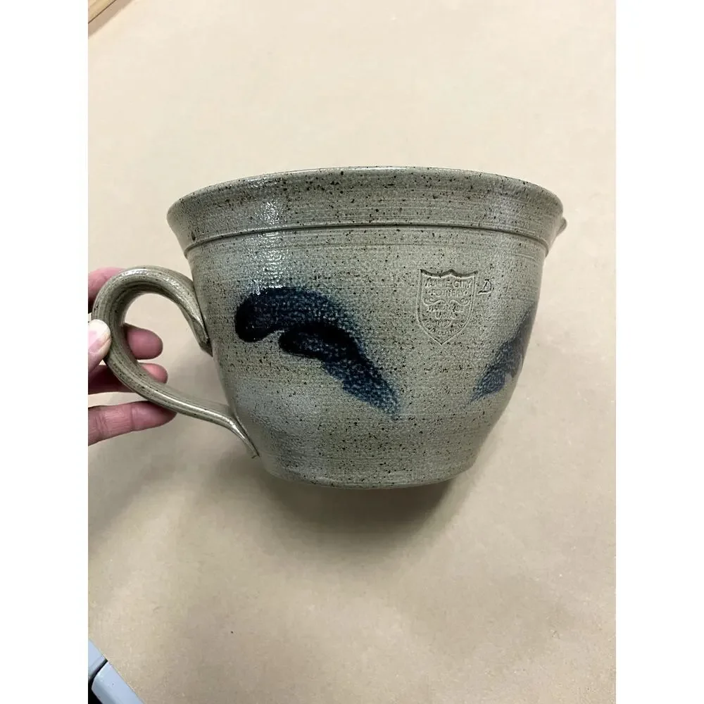 Salt City Pottery 1997 Handmade Stoneware BatterBowl Cobalt Blue Salt Glaze Grey